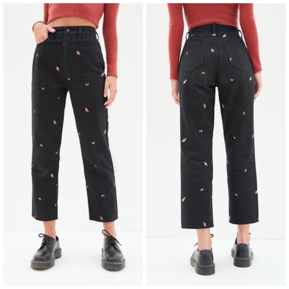PacSun Rose Embroidered Black High Waisted Straight Leg Jeans - Picture 1 of 13
